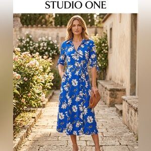 Studio One Blue Floral Tie-Waist Midi Dress